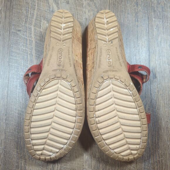 Crocs A-Leigh Red Leather Cork Wedge Women's Size 11 Sandals Comfort Shoes - Picture 12 of 14